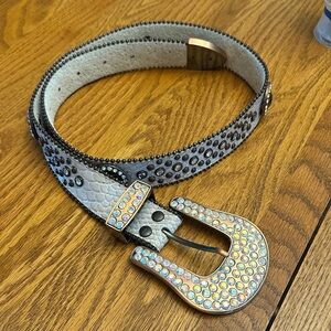 Rhinestone Studded Belt with Snakeskin Print